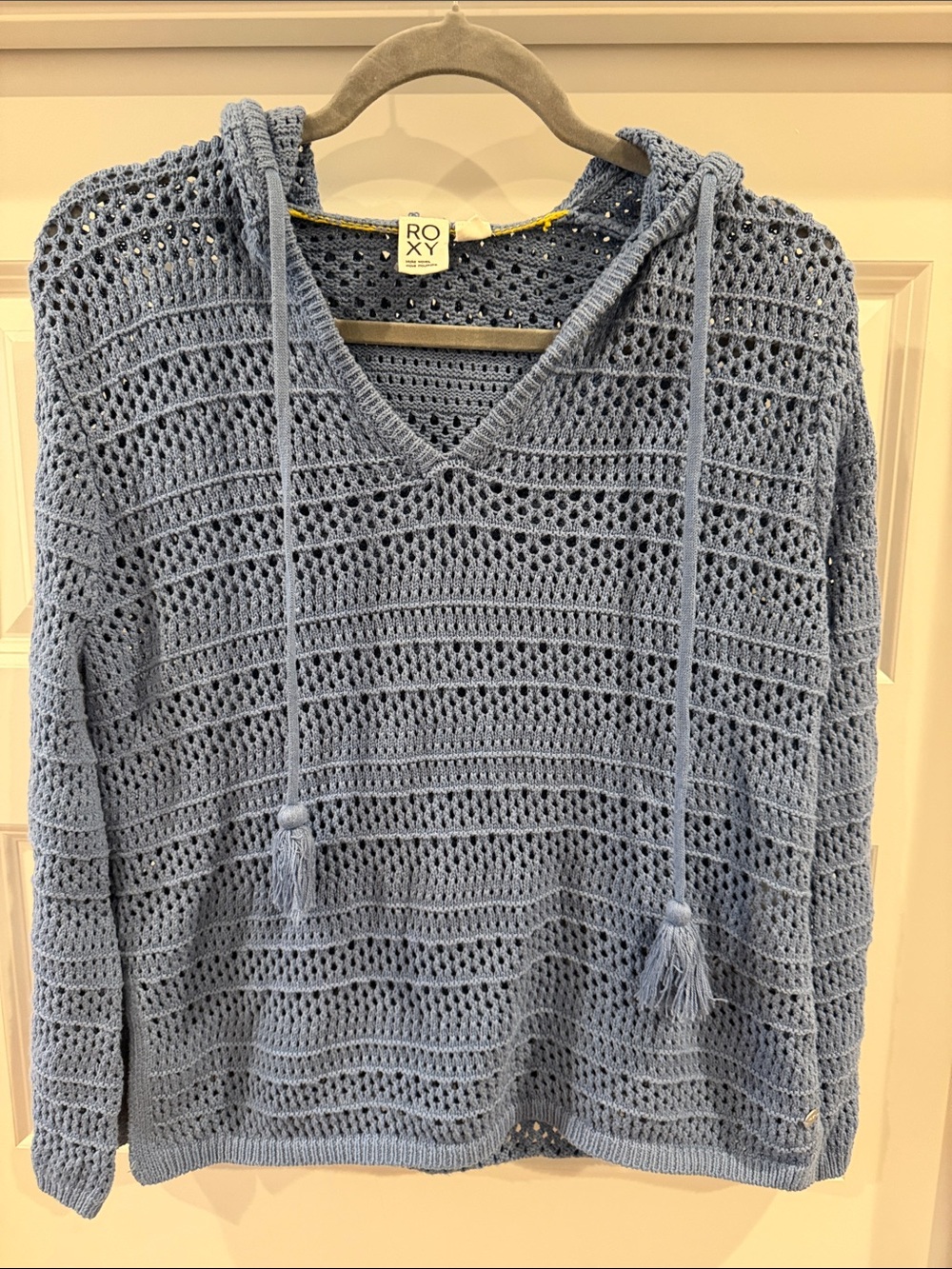 Roxy Blue Open-Knit V-Neck Hoodie Sweater